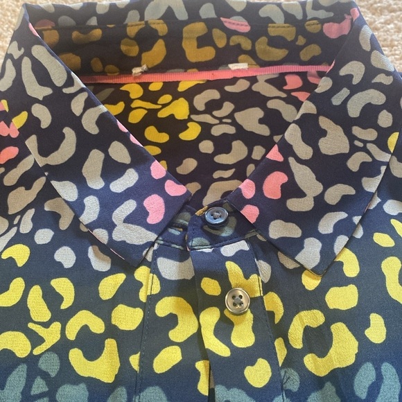 BODEN Silk Button Down Shirt Rainbow Geo Animal AOP Navy Yellow Pink Gray M - Picture 8 of 9